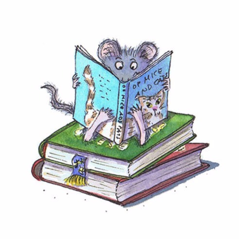 Maus sitzt auf Büchern und liest